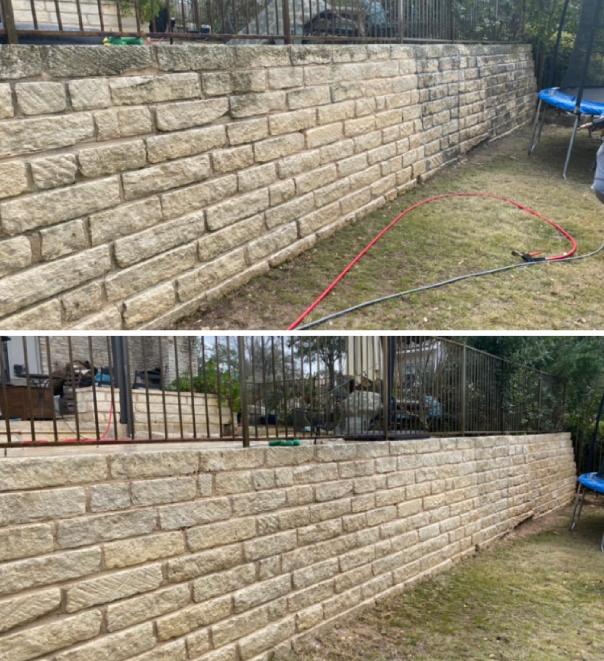 Retaining wall before and after pressure washing showing algae and grime removed