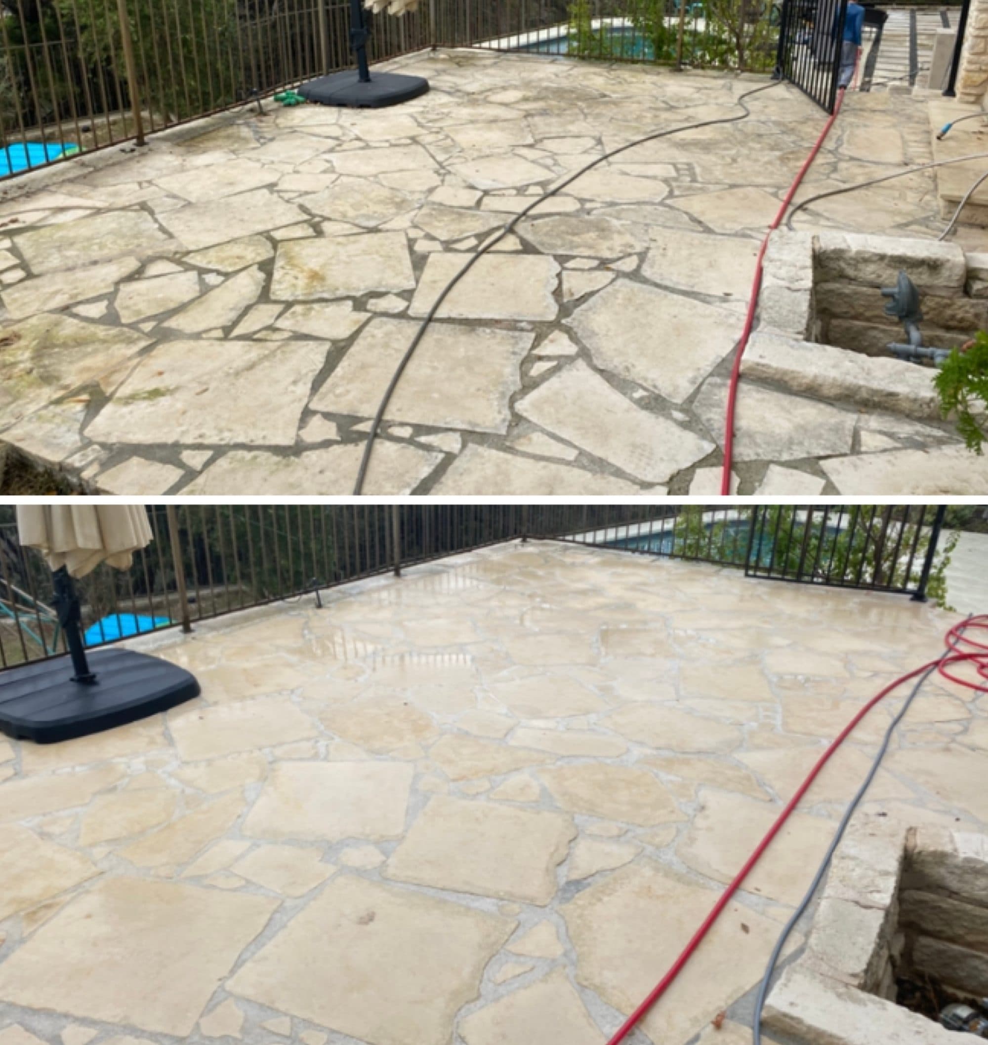 Flagstone patio before and after pressure washing with original color restored