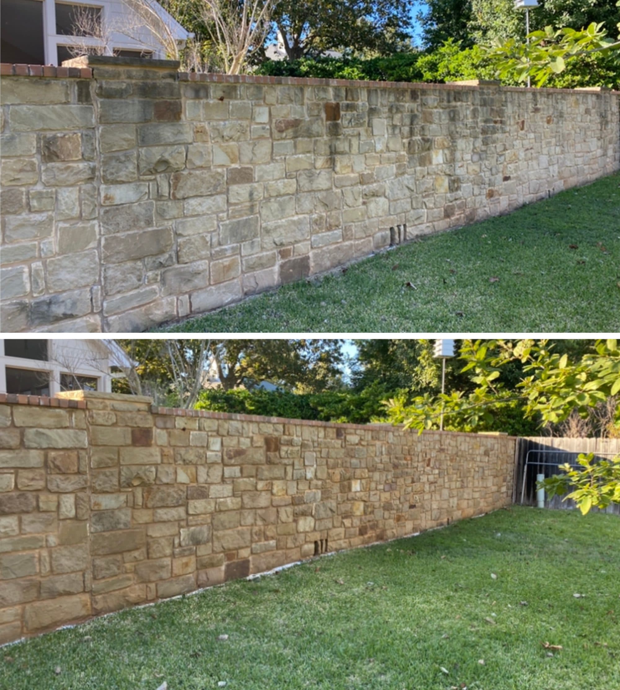 Stone retaining wall before and after cleaning with natural color restored
