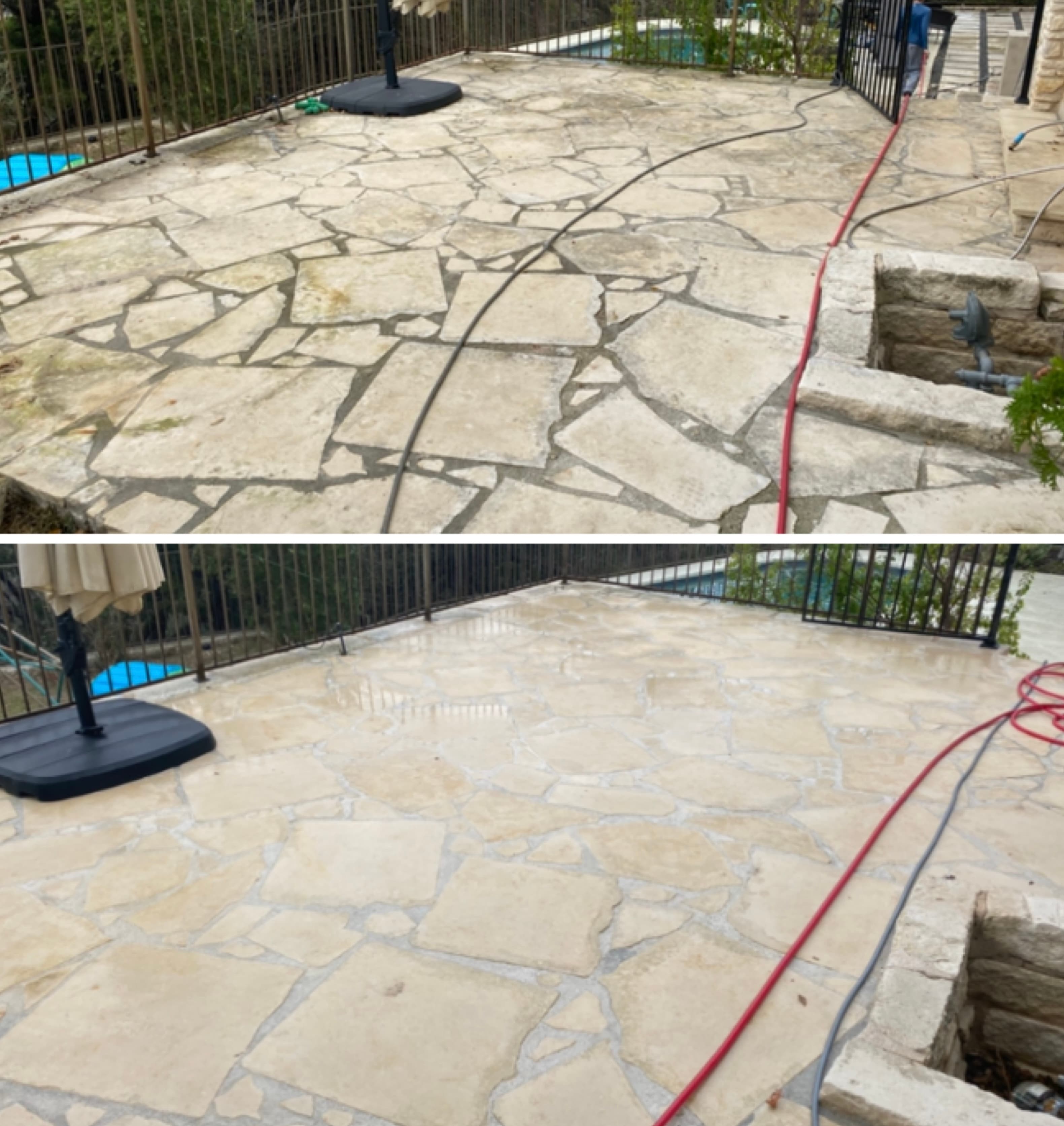 Flagstone patio by pool before and after pressure washing with original color restored