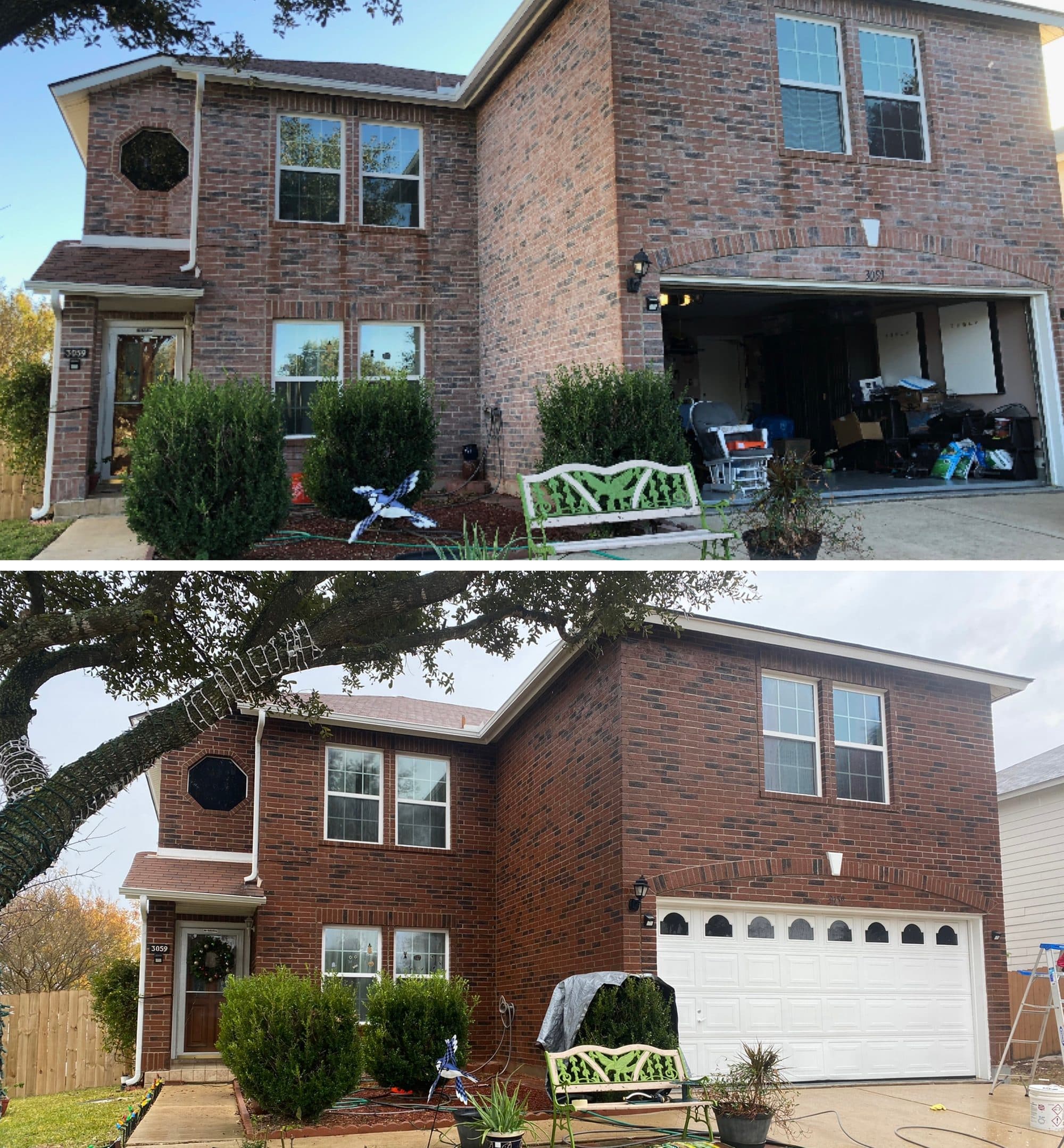 Brick house before and after washing showing algae and dirt removed from exterior