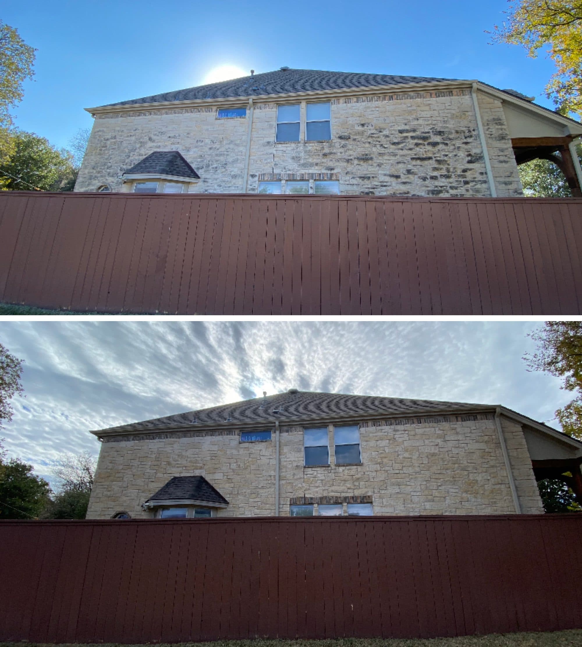 House and fence before and after washing with stone cleaned and fence restored