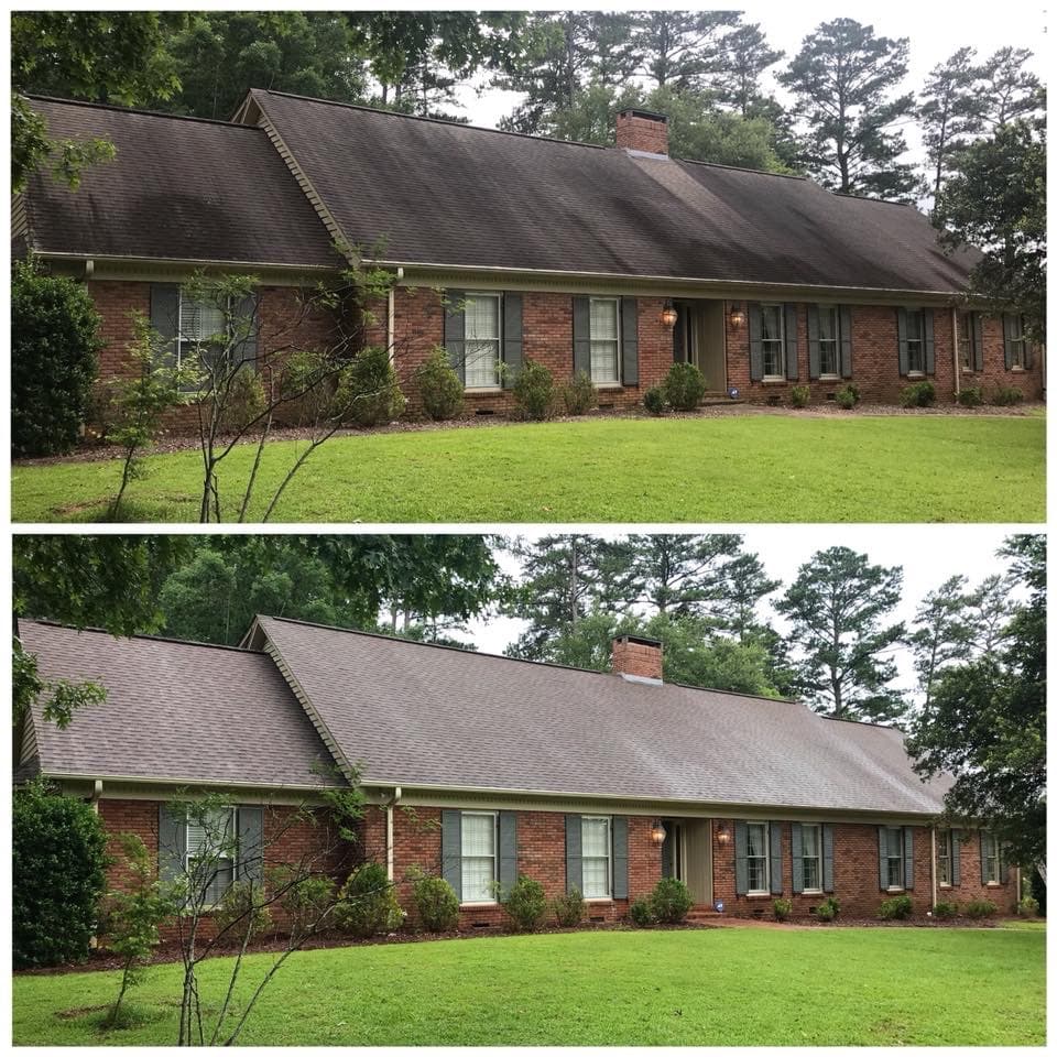 Brick ranch home before and after roof cleaning with streaks eliminated