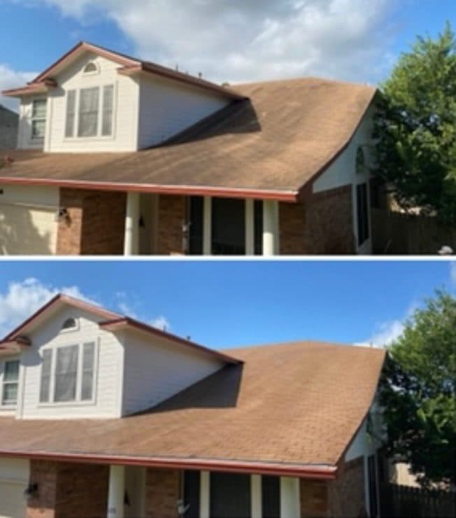 Roof before and after soft washing showing black streaks and algae removed from shingles