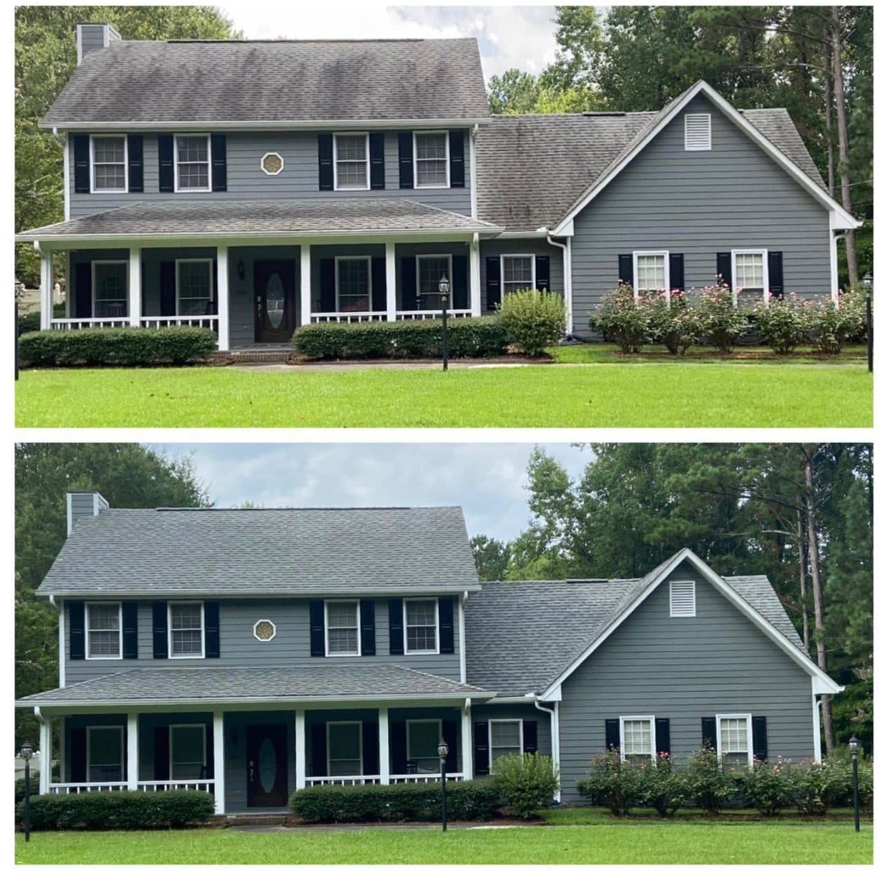Full house roof before and after cleaning showing dark algae stains removed from entire roof