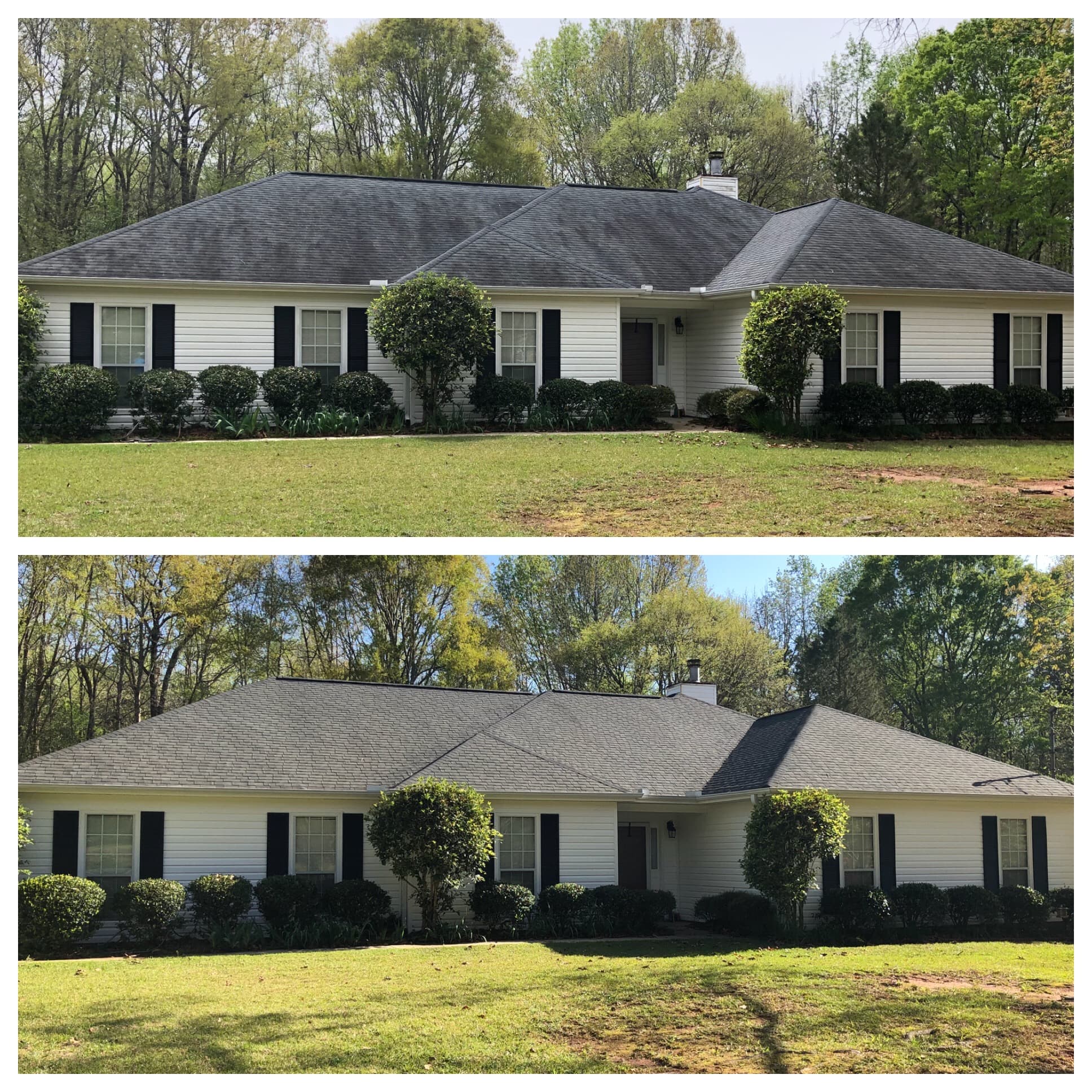 White ranch home with manicured lawn before and after roof soft washing