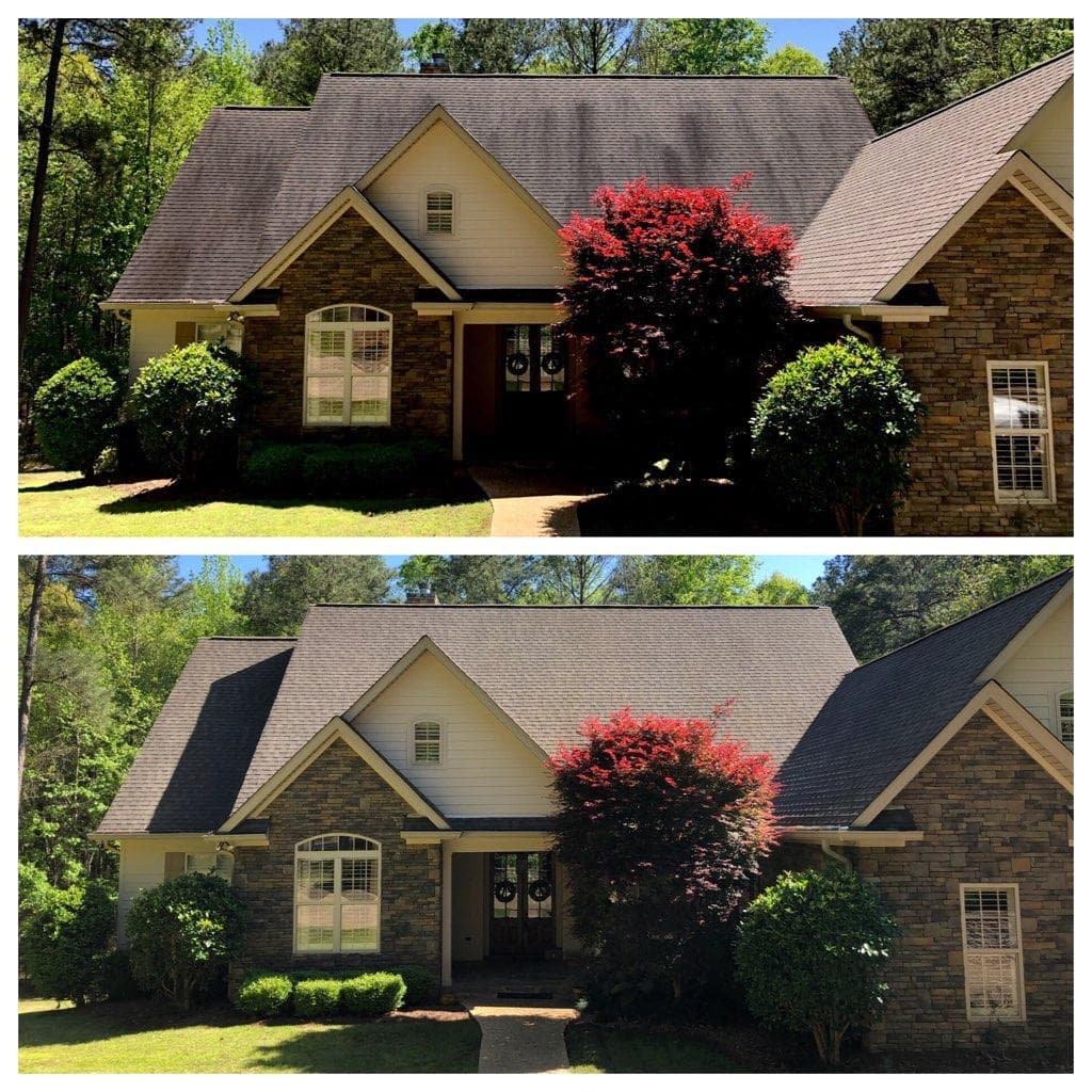 Stone craftsman home before and after roof cleaning with algae removed