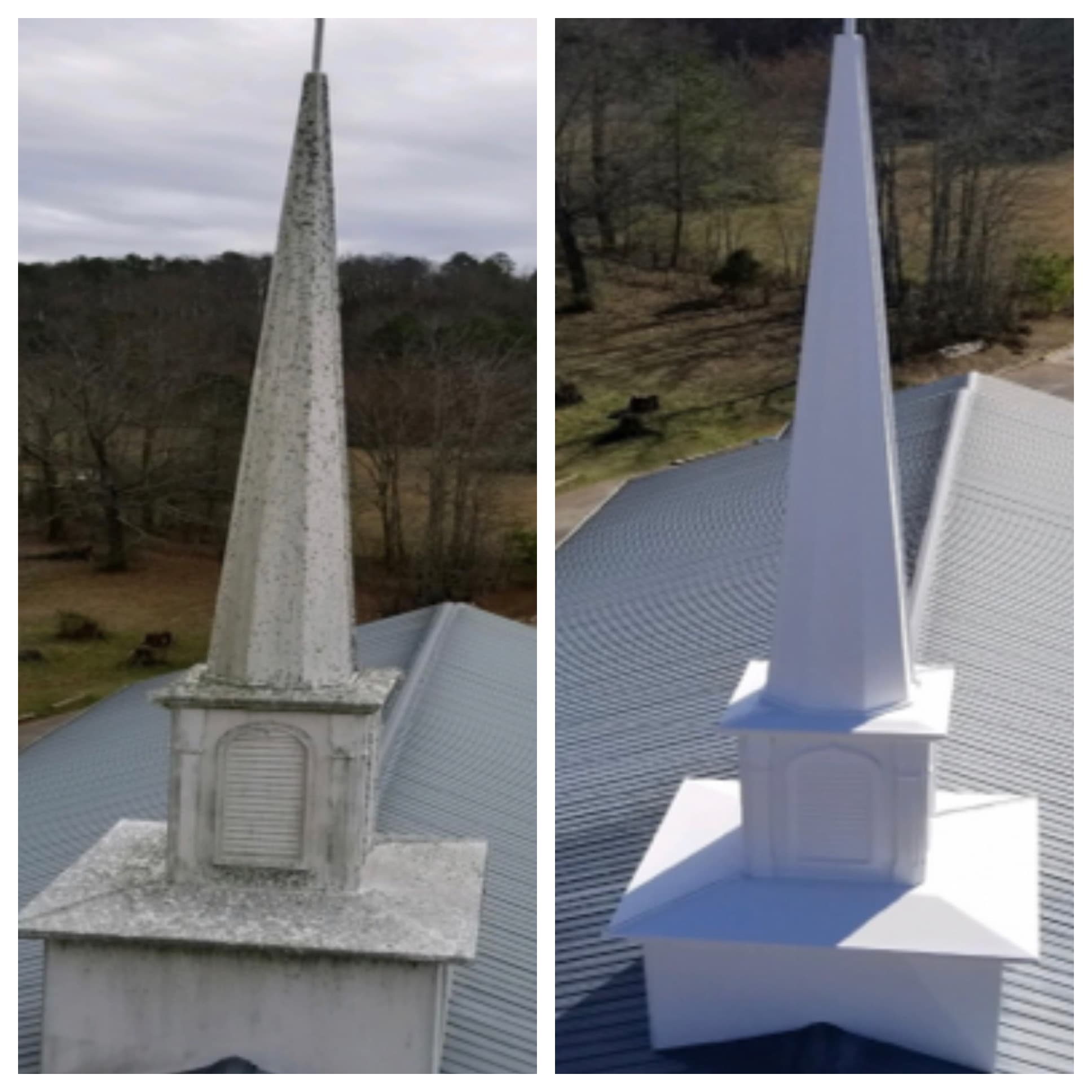 Church steeple before and after cleaning shown side by side
